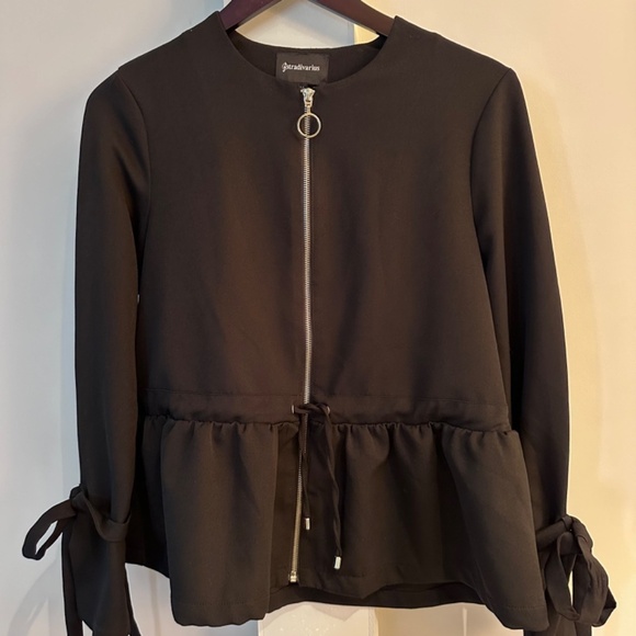 STRADIVARIUS Black Zip Up Cardigan w/ peplum & Ties at cuffs Career, Feminine … - Picture 6 of 9